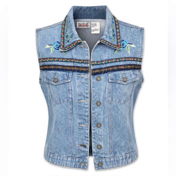 bill blass Jackets & Blazers - Vintage Bill Blass Denim Vest Embroidered Boho Western Floral 90s- Medium